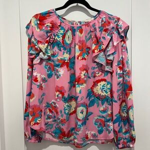 JODIFL Pink Floral Ruffle Blouse with Teal & Red Accents ruffles M
